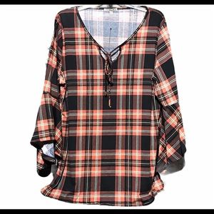 NWT Ultra Teeze Orange plaid flared arm blouse XL